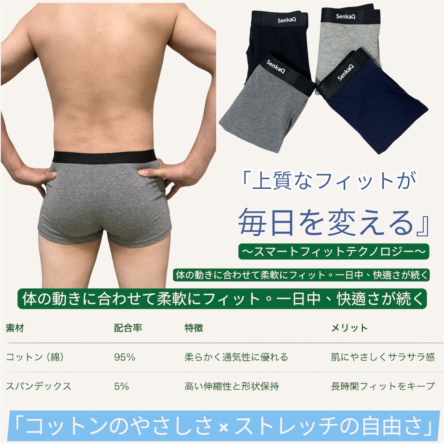 【SenkaQ】ボクサーパンツ メンズ 4枚セット 吸汗速乾 高通気性 ローライズ 前閉じ 抗菌防臭 日本ブランド