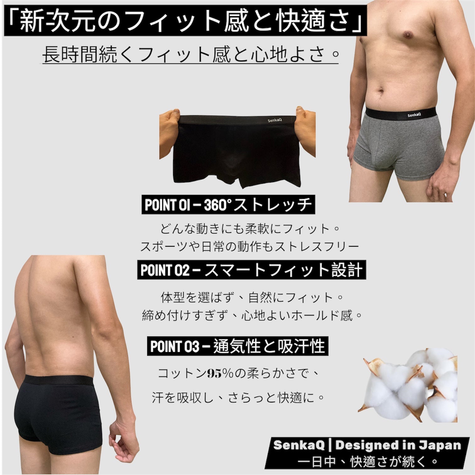 【SenkaQ】ボクサーパンツ メンズ 4枚セット 吸汗速乾 高通気性 ローライズ 前閉じ 抗菌防臭 メンズ下着 【日本ブランド】